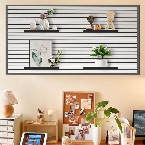 Six Piece 13x6 Inch Slatwall Shelves Set Heavy Duty Metal Slatwall Shelves For Retail Display Storage And Organization Black Finish Durable Steel Construction With Rust Resistant Painted Coating, shown with decorative items in a home setting