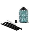 Topaz Blue Glass Outdoor Torches Two Pack, 65 Inch Weather Resistant Patio Lanterns shown unassembled with parts.