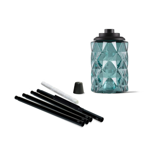 Topaz Blue Glass Outdoor Torches Two Pack, 65 Inch Weather Resistant Patio Lanterns shown unassembled with parts.