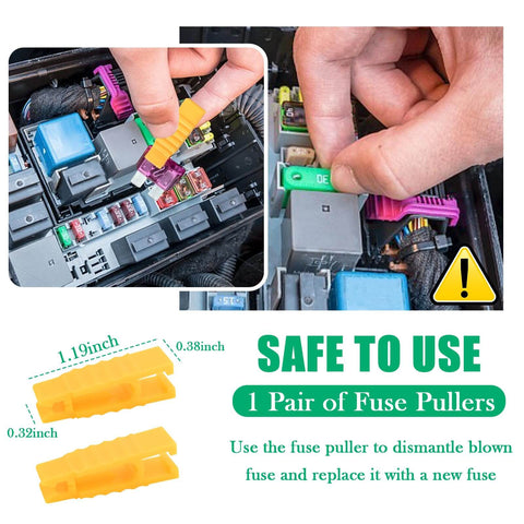 Hands using fuse puller from Must Have Complete Car Fuses Assortment Kit With 306 Fuses Including Standard, Mini, And Low Profile Mini Fuses For 2A To 35A, Plus Circuit Tester And Fuse Pullers For Quick Auto Electrical Repairs And Maintenance