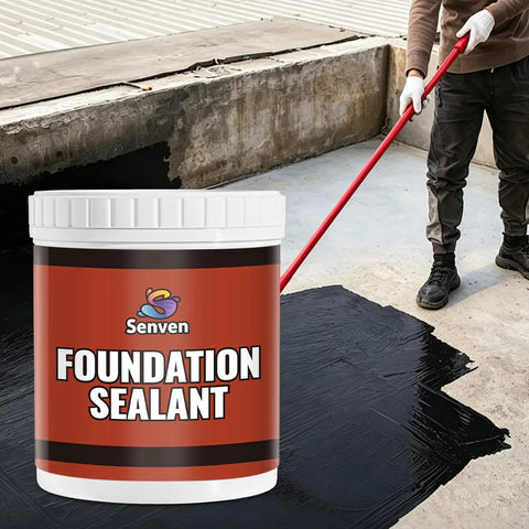 Premium Top Shelf Rubber Silicone Foundation Sealant Black 35 Oz Tub being applied to a damp concrete surface.