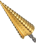 Three Piece Step Drill Bit Set That Rocks 4 12 20 32mm High Speed Steel Titanium Coated Hole Cutter for aluminum, wood, and plastic