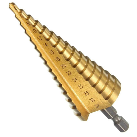 Three Piece Step Drill Bit Set That Rocks 4 12 20 32mm High Speed Steel Titanium Coated Hole Cutter for aluminum, wood, and plastic
