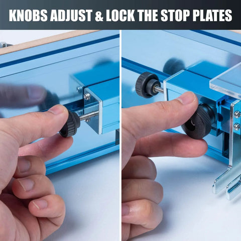 Close-up of hands adjusting knobs on Adjustable Box Joints Jig For Table Saws And Router Tables Built For Precision Box Making.