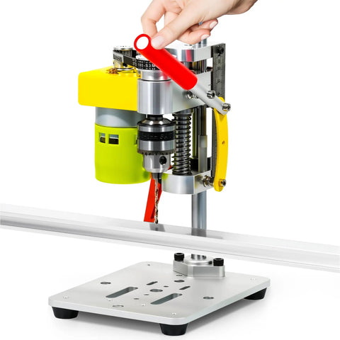 Mini Benchtop Drill Press With 7 Speed Settings And B10 Chuck, handles varied bits, shown in a compact design for precise drilling.