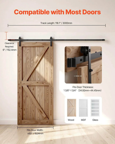 Heavy Duty Sliding Barn Door Hardware Kit For 60 Inch Wide Doors Up To 330 Lbs With Thickness Range Between One And Three Eighths And One And Three Quarters Inches Thick, Durable Carbon Steel Track And J Shape Rollers In Black Finish, Quiet Operation, installed on wooden door.