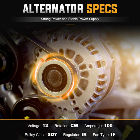 Close-up of 12V 2.4L alternator replacement showing SD7 pulley and specs for Camry 2007-2009, Corolla 2009-2010 XRS, Matrix 2009-2013, Scion xB 2008-2013