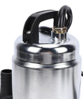 Cordless Submersible Water Pump 1003 GPH High Flow Battery Operated Drain Pump For Garden Irrigation And Rain Barrel Transfer No Strings Attached Ease Sleek Go Getter Portability top view showing handle and metal housing.