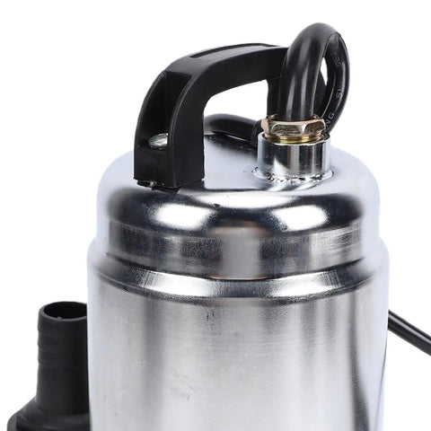 Cordless Submersible Water Pump 1003 GPH High Flow Battery Operated Drain Pump For Garden Irrigation And Rain Barrel Transfer No Strings Attached Ease Sleek Go Getter Portability top view showing handle and metal housing.