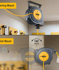 45 Foot Retractable 12 Gauge Extension Cord Reel With 3 Conductor SJTOW Heavy Duty Power Cable showing ceiling and wall mount options