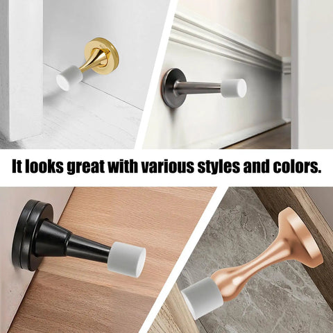 20 Pack Door Stop Rubber Tip Replacements 0.39 Inch Caps For Wall And Floor Protection White Durable Door Stopper Tips Easy Install For Home And Office shown on various door stops in different styles and colors.