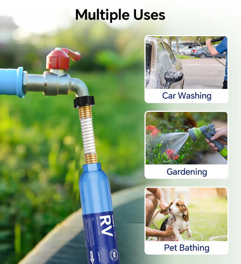 RV Water Filter With Flexible Hose Protector Inline Hose Filter For Camper And Pool in various uses like car washing and gardening.