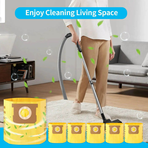 Person using vacuum with 10 Pack High Efficiency Dust Collection Bags Type H For 5 To 8 Gallon Vacuums 90671 shown in living room.