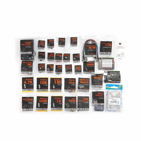 Advanced Arduino Starter Kit With 30 Projects And 190 Plus Components For Adults And Makers Includes Servo Motor IR Remote LED Matrix And IoT Ready Uno R3 Electronics Kit contents overview.