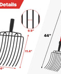 COSITA garden pitch fork, front view, 10 metal tines, red fiberglass handle, 44-inch overall length