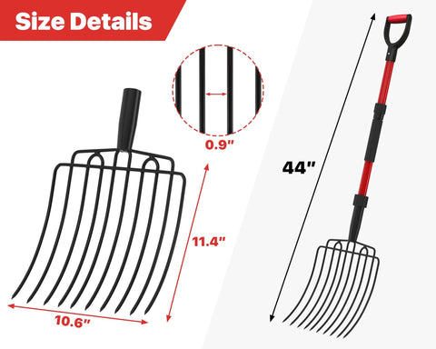 COSITA garden pitch fork, front view, 10 metal tines, red fiberglass handle, 44-inch overall length