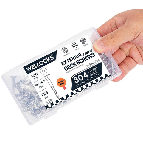 Package of Heavy Duty Stainless Steel Deck Screws For Outdoor Wood Projects Built To Last, 304 Grade, Eight By One And A Half Inch Size