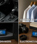 Rechargeable Desiccant Dehumidifier Bag in various settings: car seat, clothes closet, gun safe, and desk with electronics
