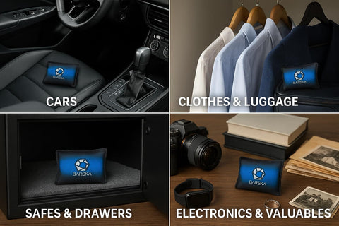 Rechargeable Desiccant Dehumidifier Bag in various settings: car seat, clothes closet, gun safe, and desk with electronics