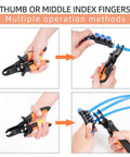 Using Push To Connect Air Line Disconnect Tool Kit with release pliers for quick disconnect fittings, showing multiple hand positions.