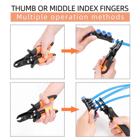 Using Push To Connect Air Line Disconnect Tool Kit with release pliers for quick disconnect fittings, showing multiple hand positions.