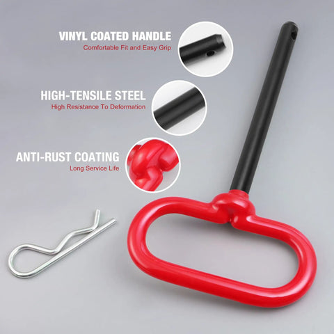 Heavy Duty Trailer Hitch Pin Three Eighths Inch By Four Inch With R Clip For Lawn Mower Tractor And Trailer Red Durable Steel Pin Built To Last With Comfortable Coated Handle, steel hitch pin with red vinyl handle and R clip