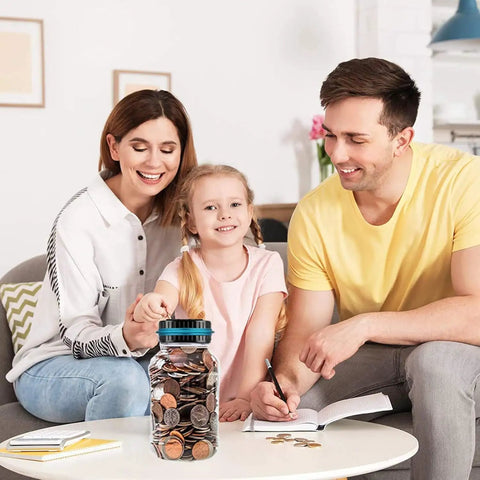Family saving with Coin Counter Money Jar With LCD Display Large 1.8L Digital Coin Bank That Tracks All US Coins 800 To 1000 Capacity Battery Powered Gift For Kids And Adults On Christmas Or Birthday Blue.