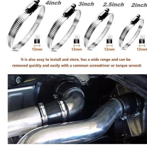 20 Pcs 304 Stainless Steel Adjustable 44-108mm Range Worm Gear Hose Clamps Assortment Kit For 2 Inch, 3 Inch, 4 Inch Fuel Line Dryer Vent Hose Silver Heavy Duty displayed with installation example in engine compartment.