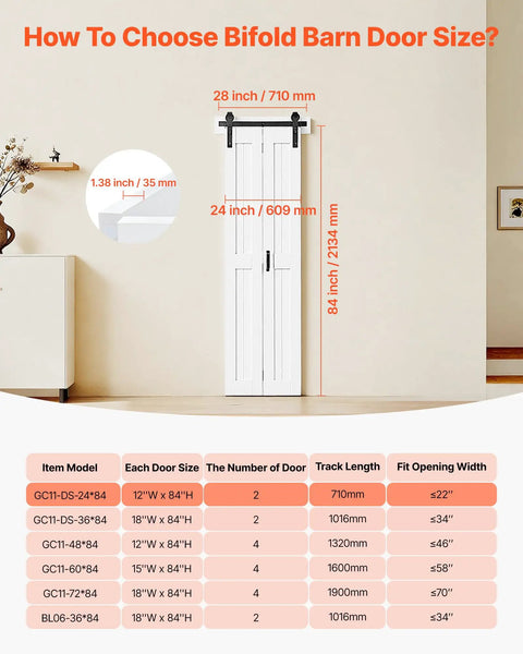 Diagram showing Rock Solid Bifold Barn Door 24 By 84 Inches dimensions and sizing guide for hardware setup.