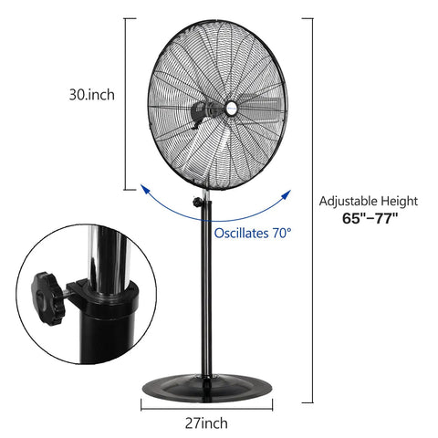 Beefy 30 Inch High Velocity Pedestal Fan For Garage Or Shop, 3 Speed Industrial Standing Fan Delivers Up To 8900 CFM With Adjustable Height
