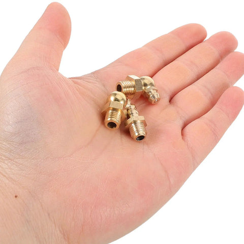 Top Tier 9 Piece Copper Grease Nipple Kit With M8 Threads And Multi Standard Support For Heavy Duty Cars Excavators Plus Fast Precise Golden Hydraulic Fittings Installation, 4 brass nipples in hand