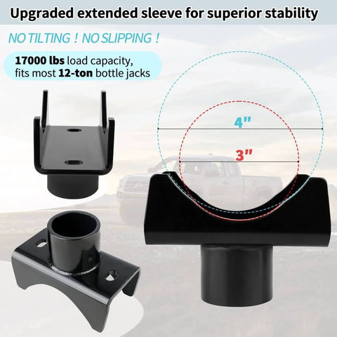 Beefy Heavy Duty Bottle Jack Axle Adapter Lifting Saddle Cradle For 2 Inch, 3 Inch, And 4 Inch Round Axles And 2 Inch Square Axle Tube Fits 1.5 Inch Jack Platform 17,000 Lbs Alloy Steel Saddle For RV Trailer Truck Camper Garage Farm, shown in black powder-coated finish with axle fit illustration