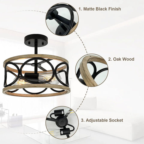 2 Light Farmhouse Semi Flush Mount Ceiling Light Fixture With Open Drum Frame In Rustic Brown Finish 12.8 Inch Dimmable Vintage Industrial