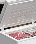 Beefed Up Freezer Hinges For Small Chest Freezers Plastic ABS Folding Hinge installed on an open freezer lid with visible meat inside