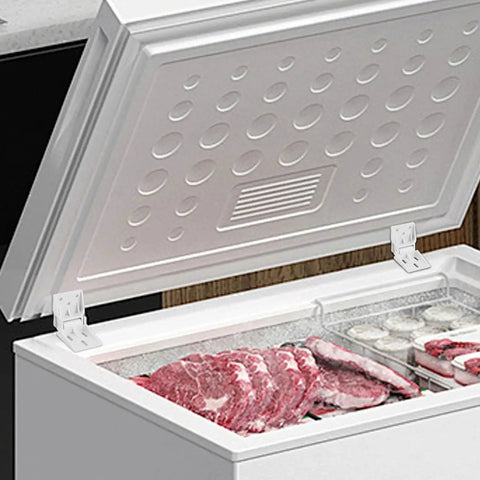 Beefed Up Freezer Hinges For Small Chest Freezers Plastic ABS Folding Hinge installed on an open freezer lid with visible meat inside