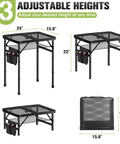 Diagram of Upgraded Folding Grill Table For Outdoor BBQs Metal Portable Camping Table With Three Height Settings Up To 28 Inches Lightweight Foldable 24 By 15.8 Inches Durable Prep Surface For Grilling And Tailgating, showing all three height settings and folded state.
