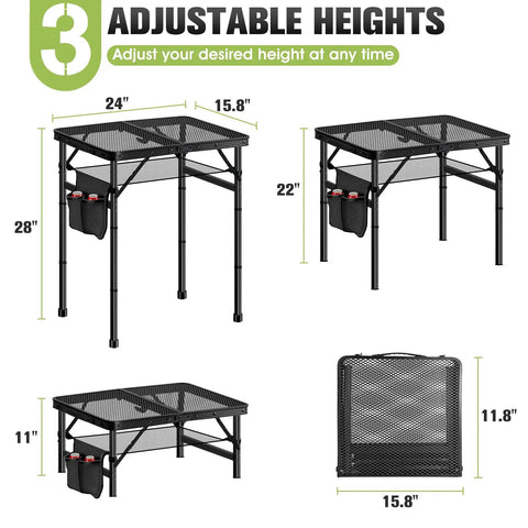 Diagram of Upgraded Folding Grill Table For Outdoor BBQs Metal Portable Camping Table With Three Height Settings Up To 28 Inches Lightweight Foldable 24 By 15.8 Inches Durable Prep Surface For Grilling And Tailgating, showing all three height settings and folded state.