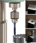 Spiral Flute Tap Set 6-Piece SAE Thread Tapping Kit in action with metal drill press, showing clean threading process on metal block.