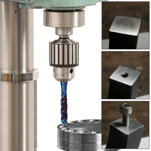 Spiral Flute Tap Set 6-Piece SAE Thread Tapping Kit in action with metal drill press, showing clean threading process on metal block.