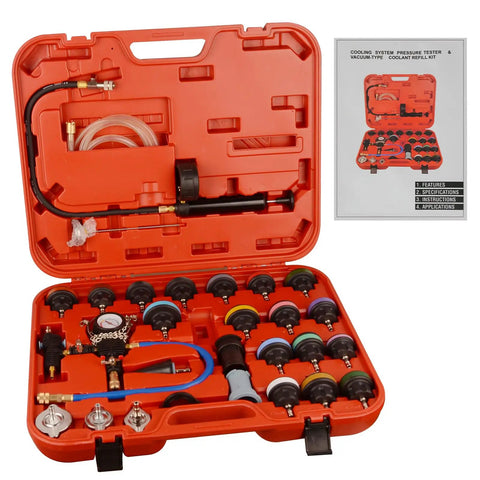 Slick Complete No Hassle Rig Ready 28 Piece Universal Radiator Pressure Tester Kit Including Hand Pump And Adapter Spanner in a red case.