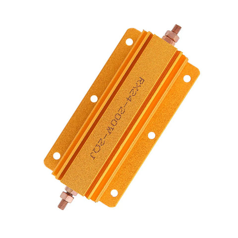 200W 2 Ohm Power Resistor With Aluminum Housing, Rugged High Power Component For Industrial Equipment And Power Supplies, Mounting Holes For Easy Mounting, Durable Heat Dissipation, Reliable Performance In Demanding Environments. Gold aluminum body with terminal studs and mounting holes