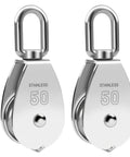 Two Pack M50 Snatch Block Pulley Kit For Kayaks Beefy Heavy Duty 304 Stainless Steel Lifting Swivel Hook Three Eighths To One Half Inch Rope Two Inch Sheave With Eight Hundred Pounds WLL, pair of stainless steel pulleys