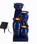 4 Tier Cascading Solar Powered Water Fountain With Navy Finish Illuminated By LED Lights Outdoor Garden Water Feature Featuring Four Jar Tiers