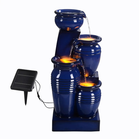 4 Tier Cascading Solar Powered Water Fountain With Navy Finish Illuminated By LED Lights Outdoor Garden Water Feature Featuring Four Jar Tiers