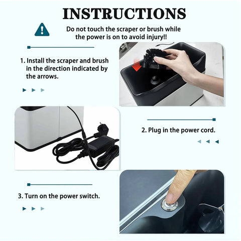 Instructions for Automatic Electric Portafilter Cleaner For Coffee Grounds, showing installation and power setup.