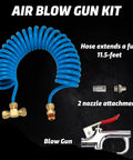Heavy Duty Truck Air Seat Blow Gun Kit With Lever Handle and Two Slick Nozzle Tips Plus 11.5 Foot Nylon Coil Hose with blow gun and nozzles.