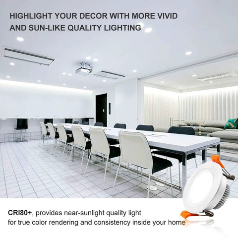 2 Inch LED Recessed Lighting Kit Energy Saver Dimmable Downlight 3W Replaces 35W Halogen CRI80 5000K Daylight White Ceiling Light with Built-In LED Driver 10 Pack installed in a modern conference room