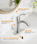 Brushed Nickel Bathroom Faucet With Single Handle For One Hole Vanity Sink Satin Finish, Pop Up Drain, Overflow, in white bathroom