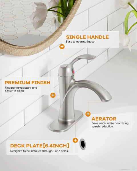 Brushed Nickel Bathroom Faucet With Single Handle For One Hole Vanity Sink Satin Finish, Pop Up Drain, Overflow, in white bathroom