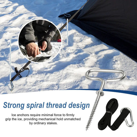 Deluxe Ice Fishing Shelter Tie Down Kit For Eskimo Tents With Carabiner Attachments shown with ice anchors and cam straps